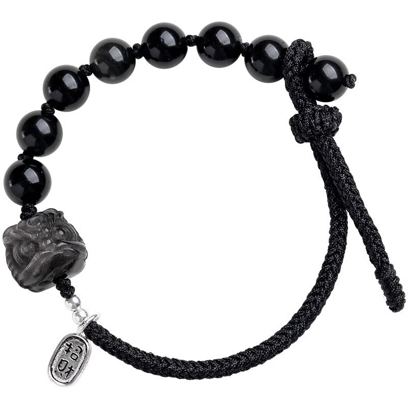 Luxury Obsidian Bracelet with Sterling Silver Lion Dance Design