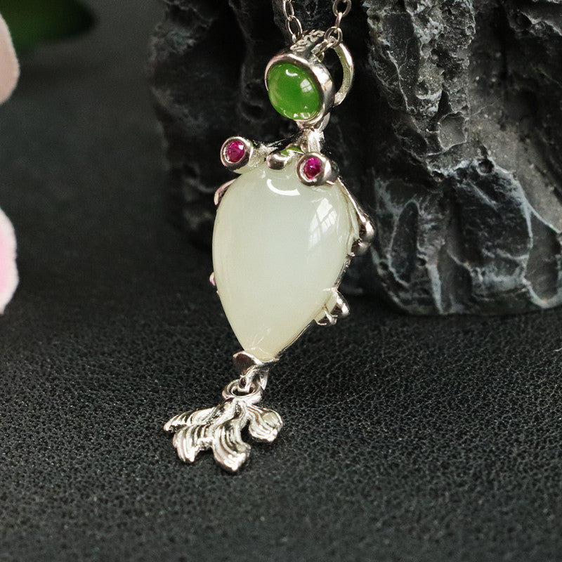 S925 Silver Natural Hetian Jade Pendant Goldfish Koi Necklace Jewelry