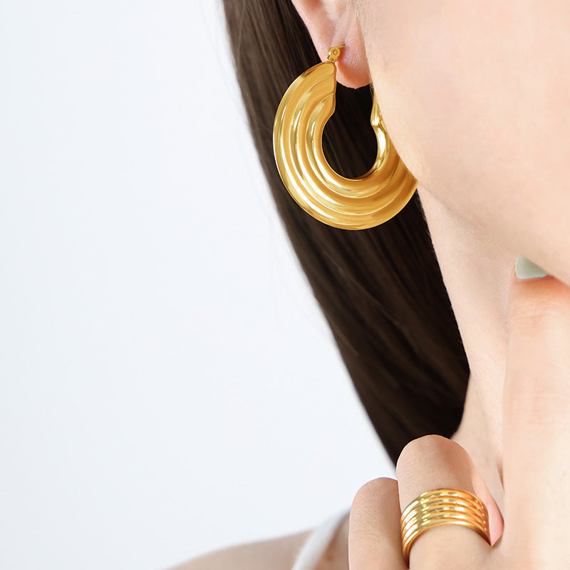 Fashionable Titanium and Gold-Plated Circular Earrings for Women