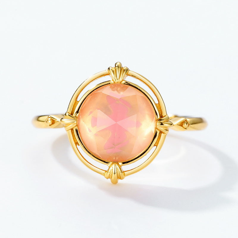 Double Circle Round Shape Pink Crystal Opening Silver Ring