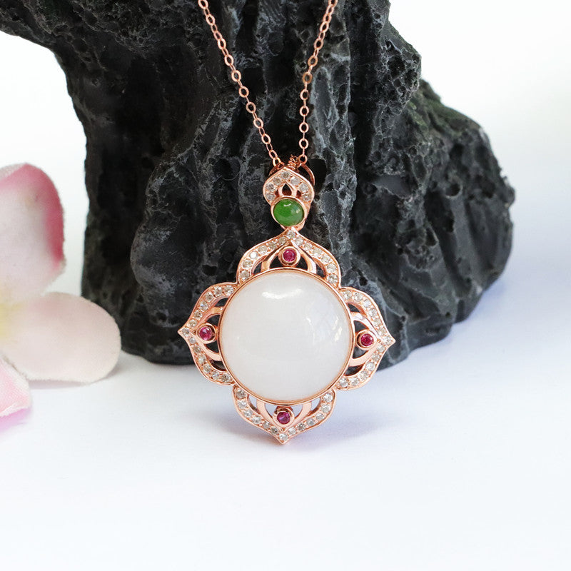 Sterling Silver White Jade Flower Necklace with Hetian Jade Pendant