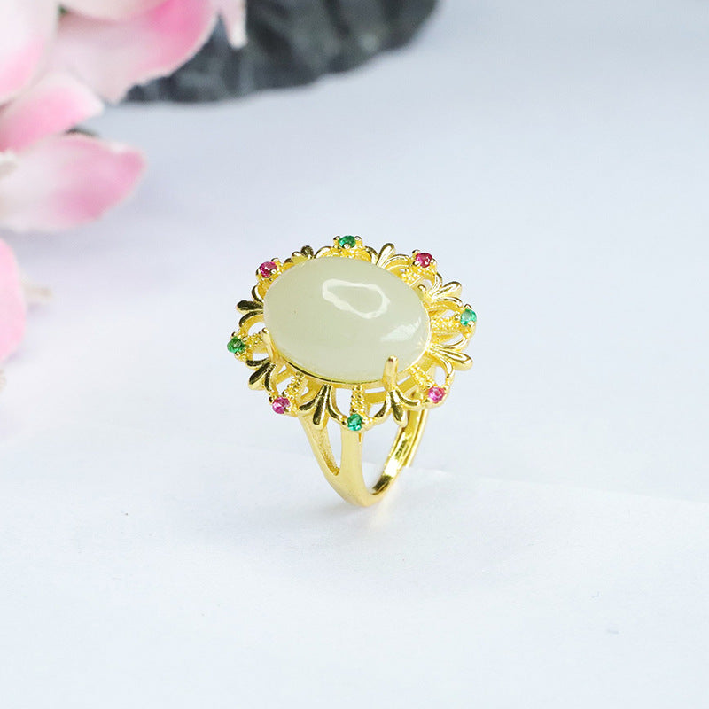 Pigeon Eggs Hetian Jade Zircon Ring - Vintage Hollow Design