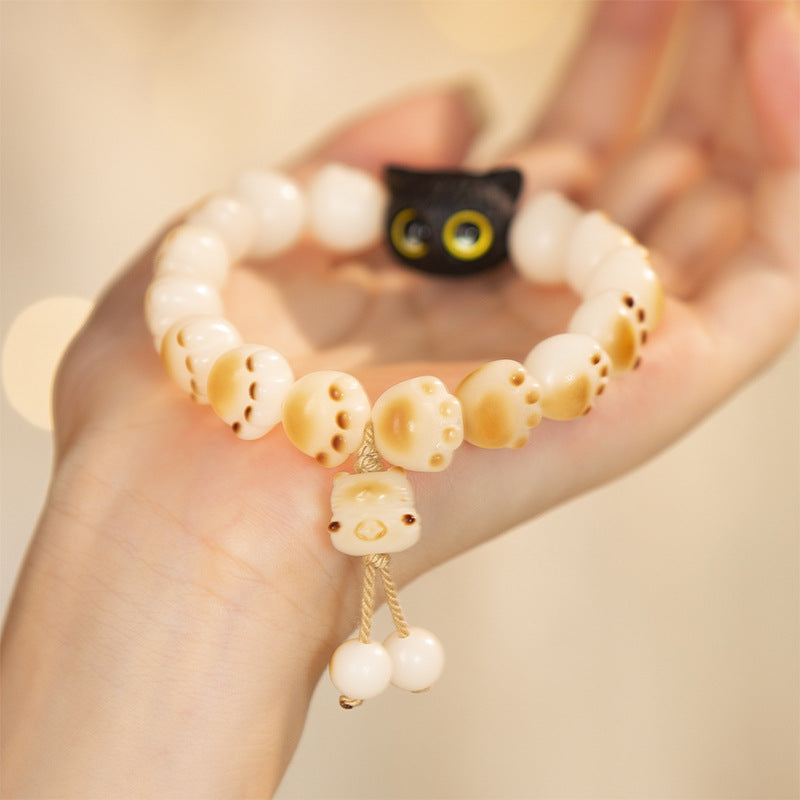 Lucky Charcoal-Grilled Black Cat Bracelet with Sandalwood and Jade Embellishments