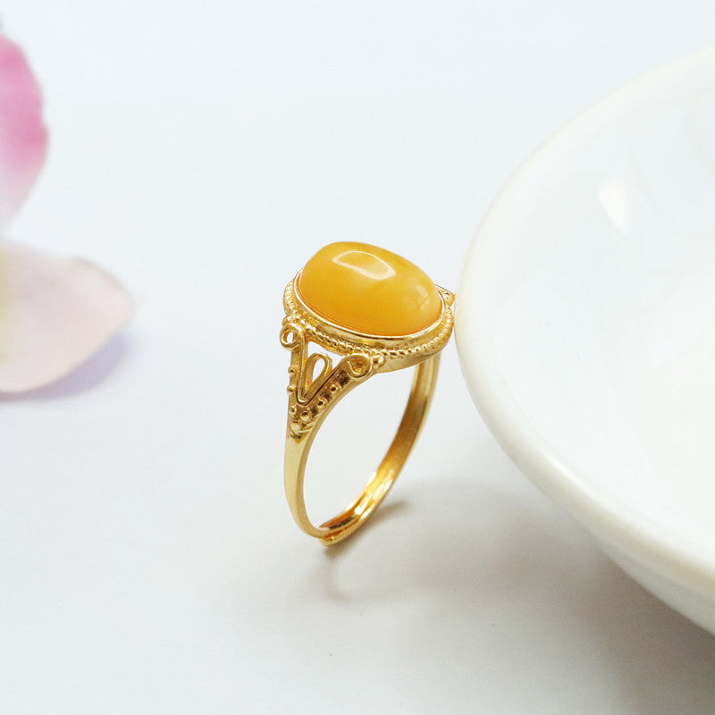 Honey Amber Sterling Silver V-Shaped Ring with Adjustable Opening