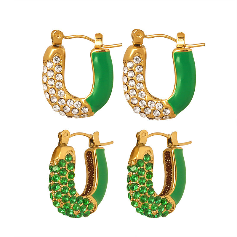 Luxurious Titanium Steel Rhinestone Emerald Drip Earrings