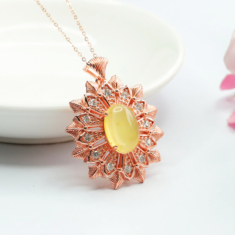 Golden Amber Snowflake Sterling Silver Necklace