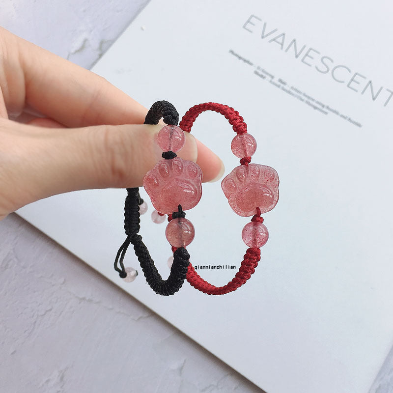 Crystal Strawberry Wealth Bracelet with Red Rope Handmade Cat Claw Design