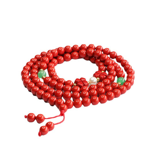 Red Cinnabar 108 Beads Bracelet with Four-leaf Clover Pearl Sweater Chain