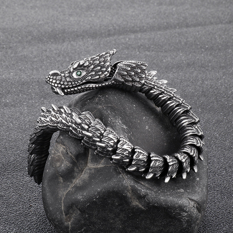 Punk Retro Dragon Bracelet for Men with Smeared Green Eyes in Titanium Steel