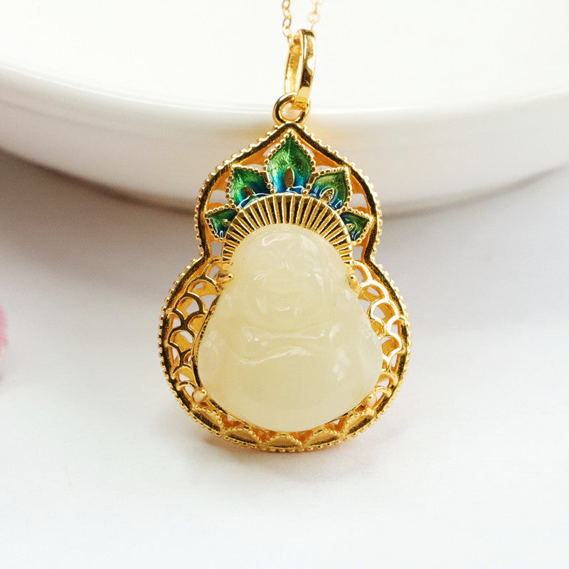 S925 Silver Natural Hotan Jade Pendant Buddha Hollow Necklace