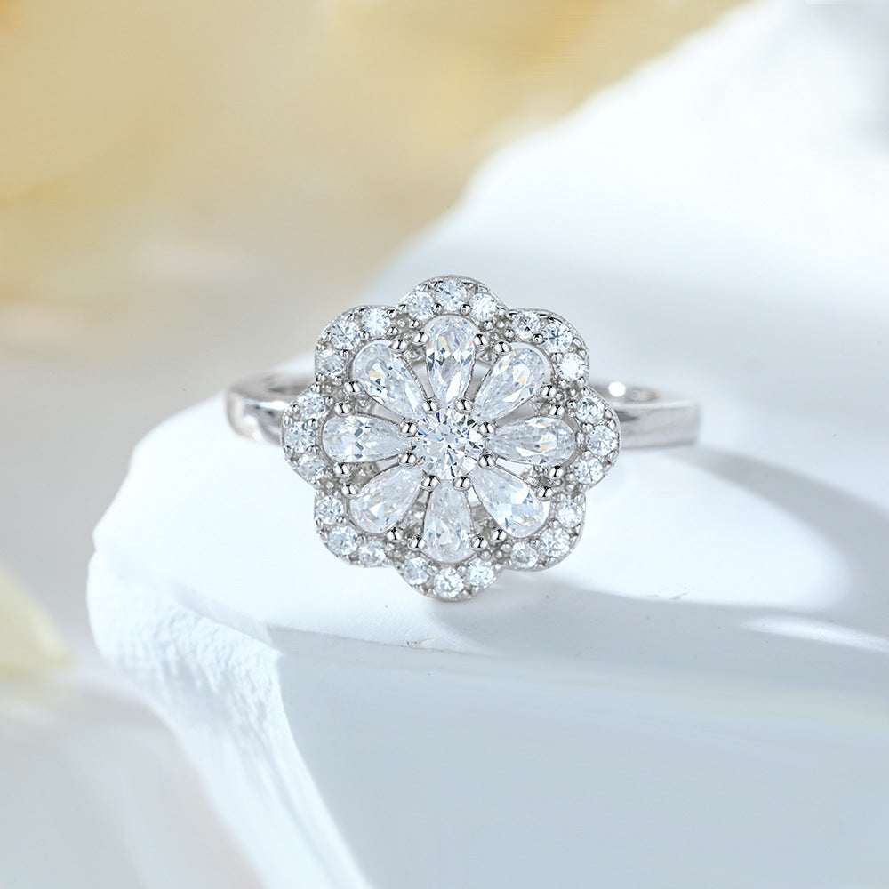 Full Zircon Flower Sterling Silver Ring