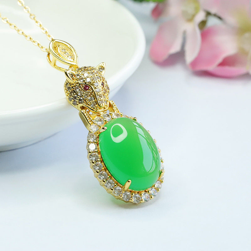 Emperor Green Chalcedony Leopard Head Pendant with Oval Ice Zircon