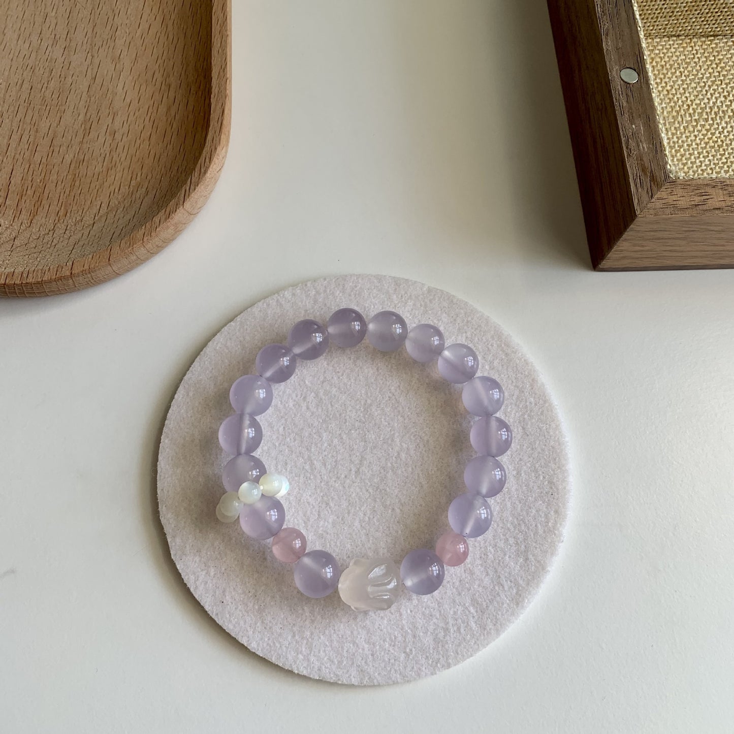 Charming Hand Bracelets with Purple Chalcedony, Lychee Agate, and Strawberry Crystal