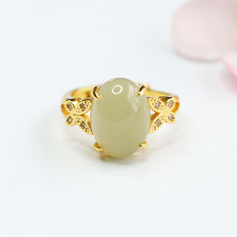 Oval Hetian Jade Ring with Zircon Butterfly Accent and Adjustable Design