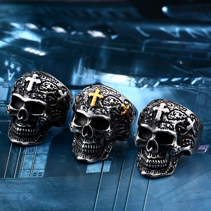 Men's Customizable Gold-Plated Titanium Steel Skull Cross Ring - Edgy Punk Jewelry