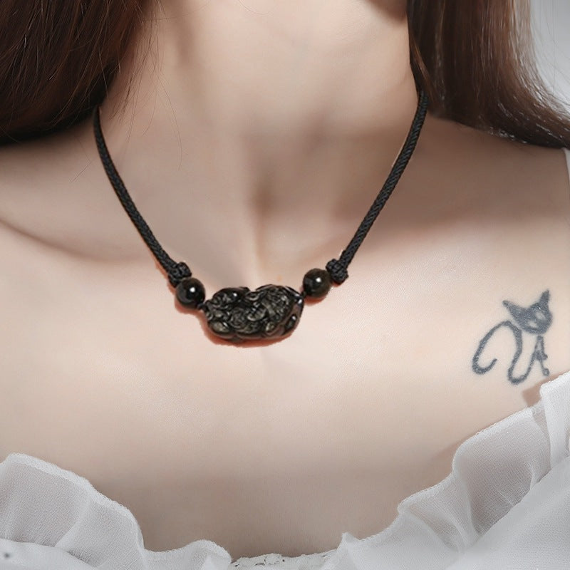 Courageous Crystal Necklace with Natural Strawberry and Obsidian Gems