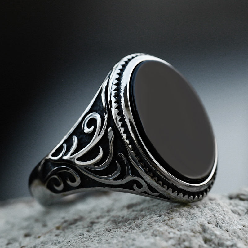 Retro Titanium Steel Engraved Black Agate Ring for Men - Wholesale Fashion Jewelry for Europe and the USA