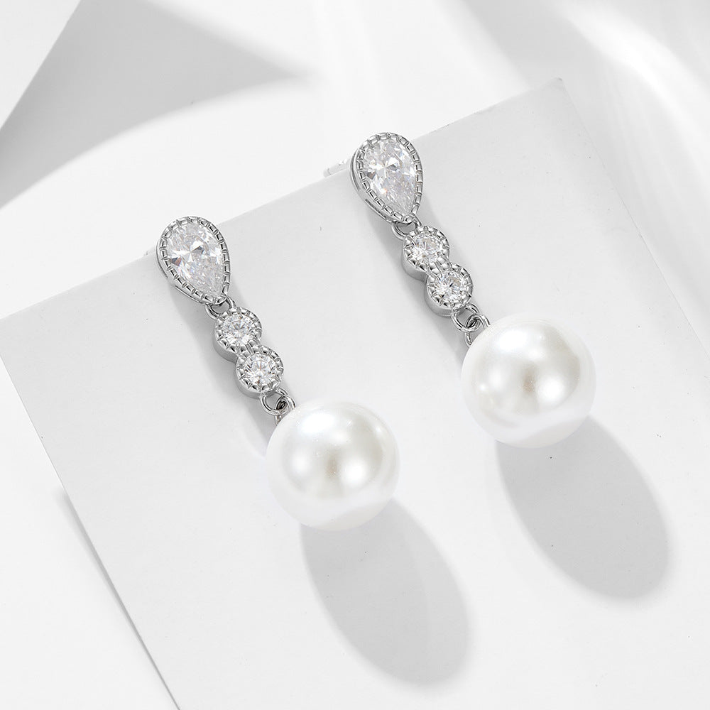 Long Style Zircon Round Pearl Sterling Silver Drop Earrings