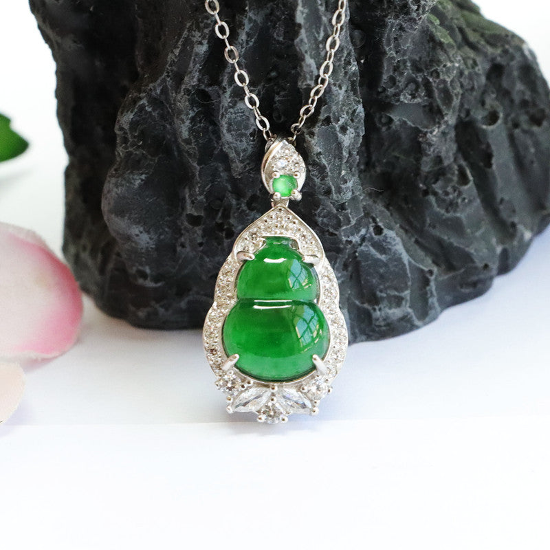 Imperial Green Jade Gourd Necklace with Zircon accent