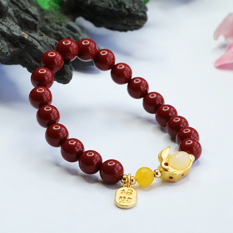 Purple Gold Sand Rabbit Blessing Sterling Silver Cinnabar Stone Bracelet