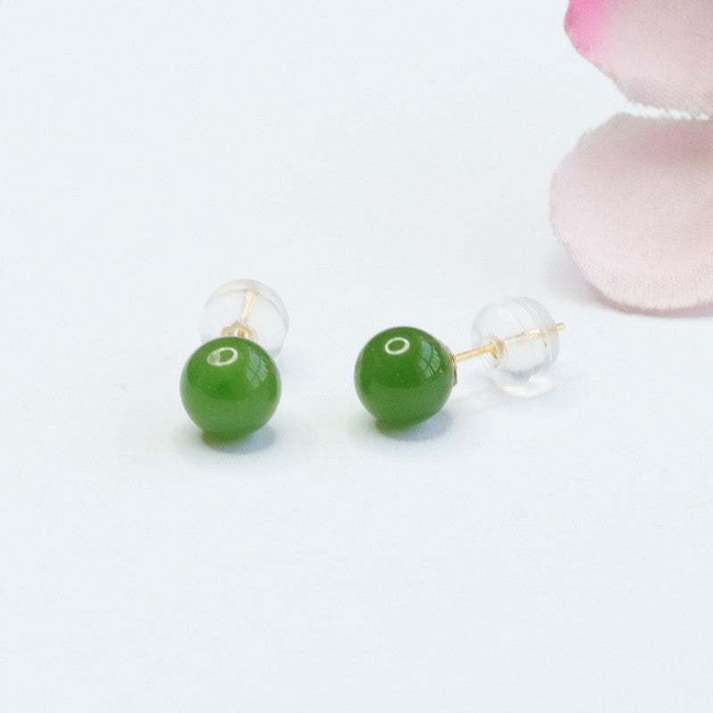 Ear Studs with Natural Hotan Jade Jasper Round Beads - Sterling Silver Jewelry