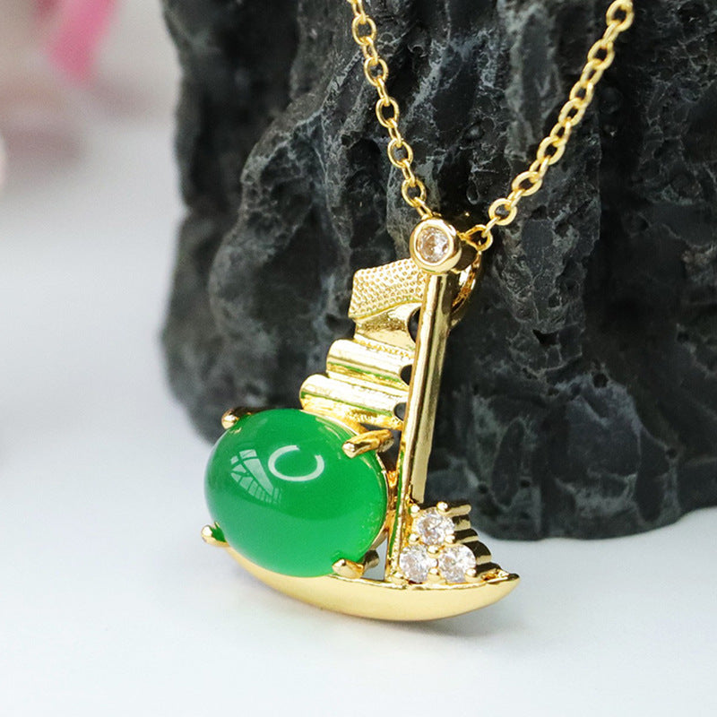 Emperor Green Chalcedony Round Bead Zircon Sailboat Pendant