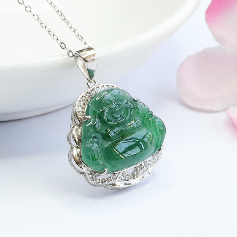 S925 Sterling Silver Jadeite Maitreya Buddha Necklace in Ice Green