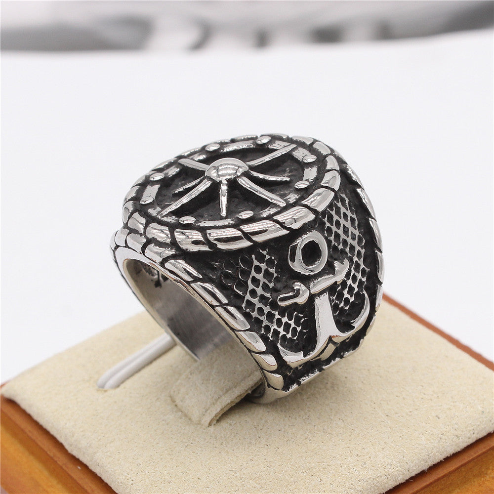 Vintage Pirate Anchor Rudder Men's Titanium Steel Ring