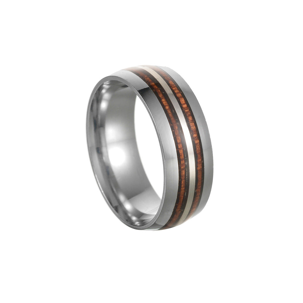 304 Stainless Steel Acacia Wood Inlaid Double Slot Ring for Men