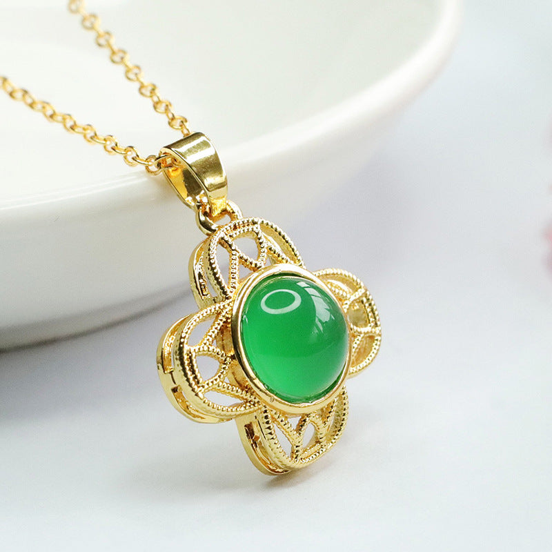 Green Chalcedony Floral Hollow Pendant with Sterling Silver Crown