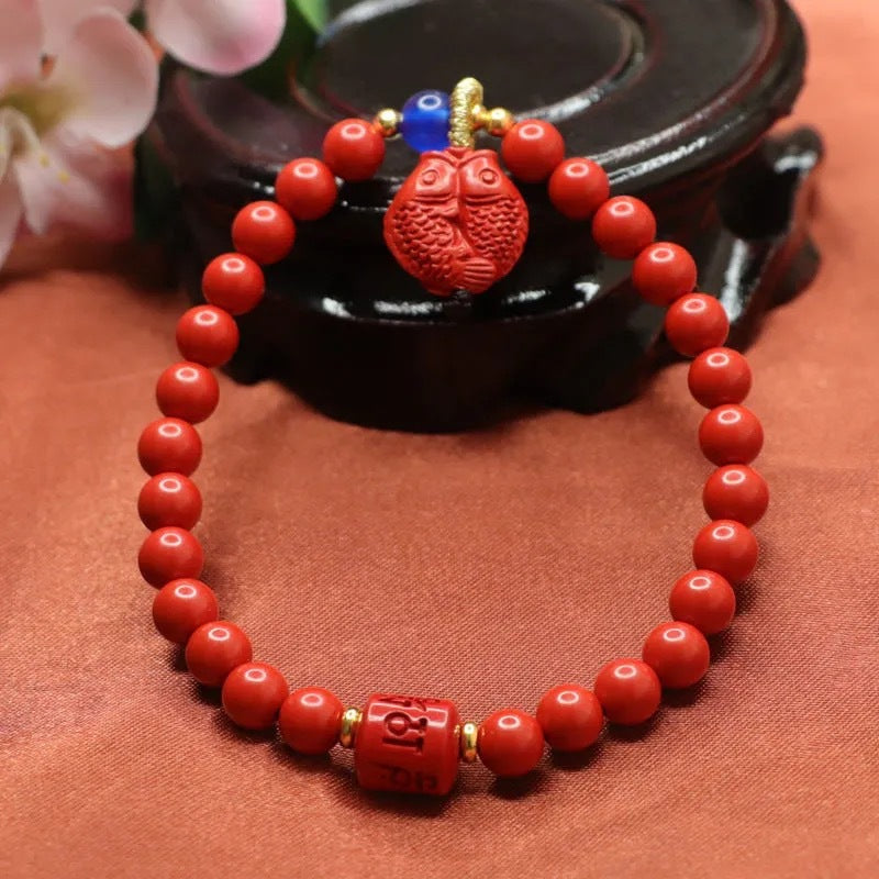 Cinnabar Double Fish Bracelet with Six-character Proverbs Sterling Silver Jewelry