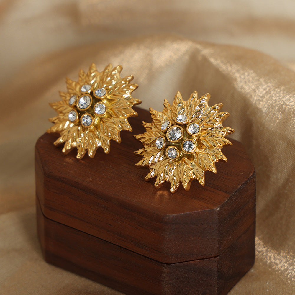 Luxurious Gold-Plated Zircon Flower Earrings in Titanium Steel