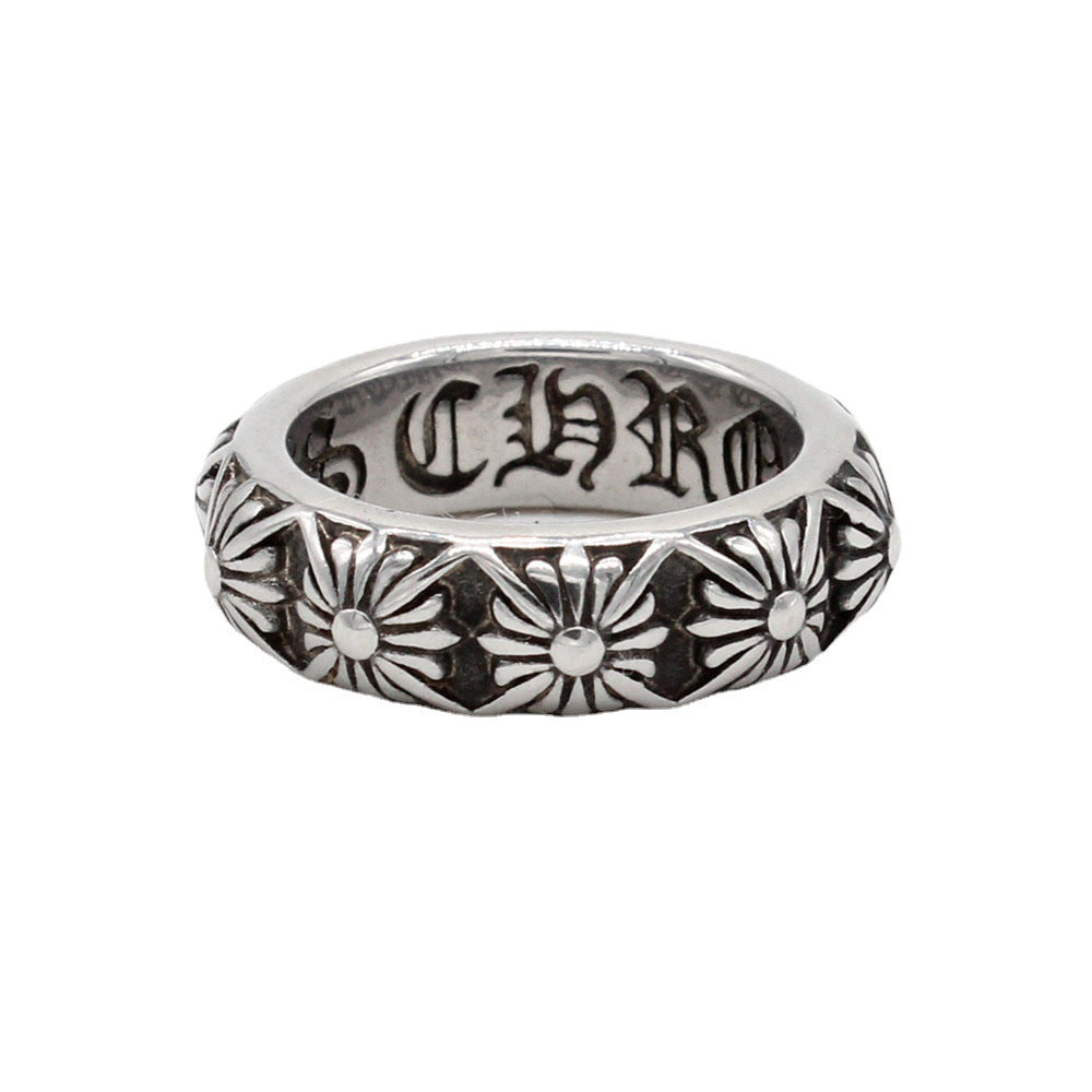 Row of Relief Cross Flower Titanium Steel Ring for Men