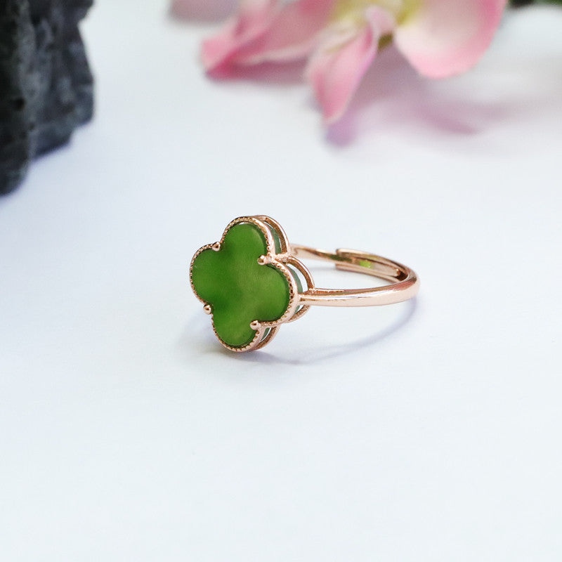 Jasper Clover Sterling Silver Ring with Natural Hotan Jade Gems