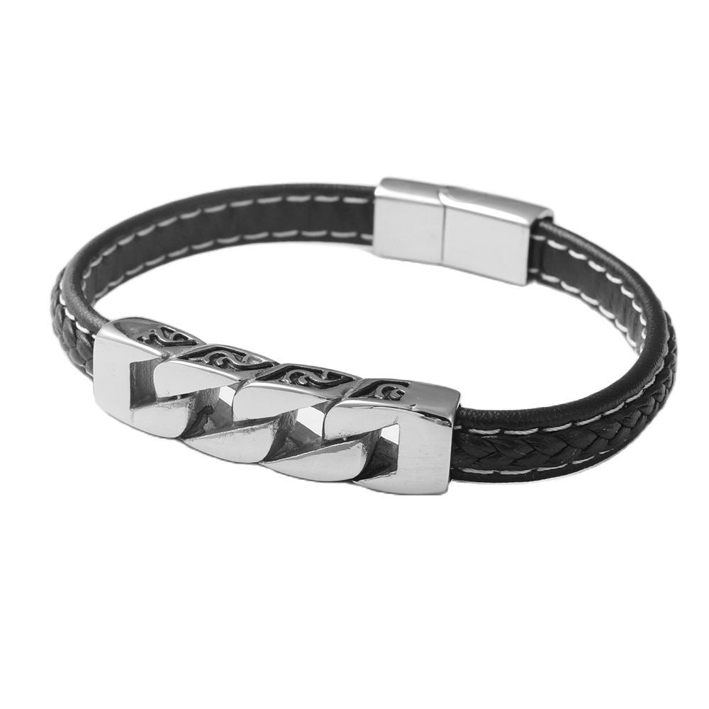 Men's Punk Hollow Chain Titanium Steel and Leather Rope Woven Anchor Bracelet