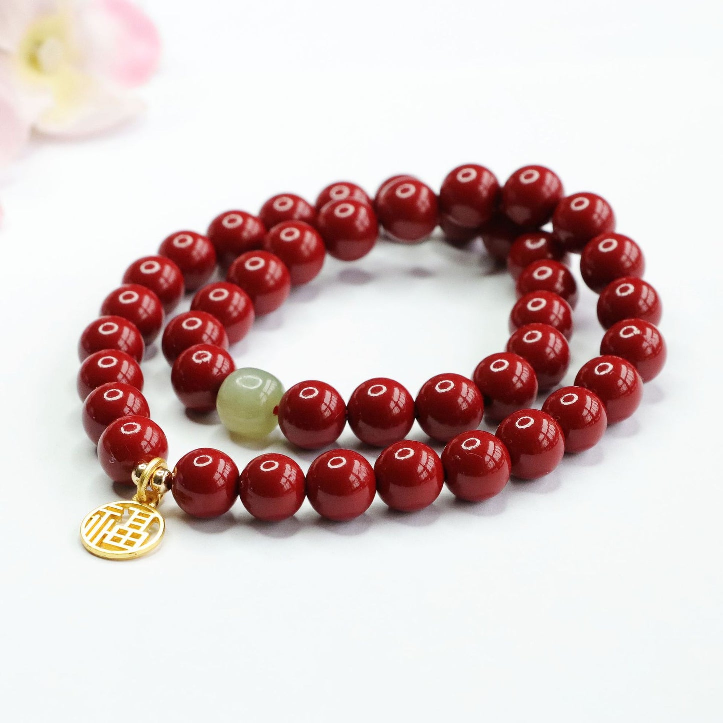 Cinnabar Stone and Jade Rosary Bracelet with Sterling Silver Details