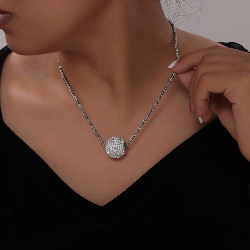 Zircon Embellished Ball Pendant Necklace in Titanium Steel - Chic and Minimalistic Gold-Plated Jewelry
