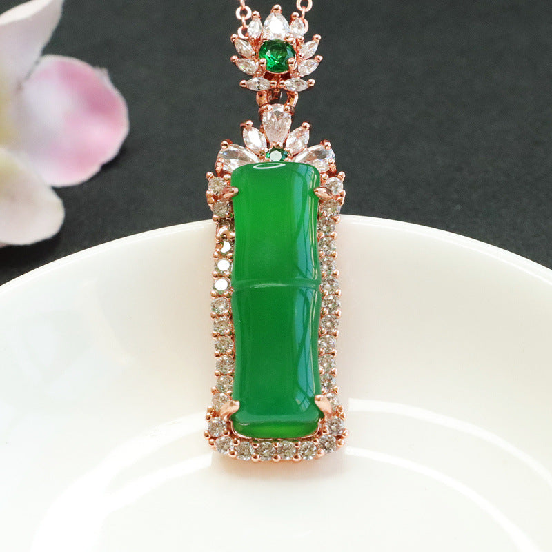 Jade Chalcedony Bamboo Zircon Rose Gold Fortune Pendant