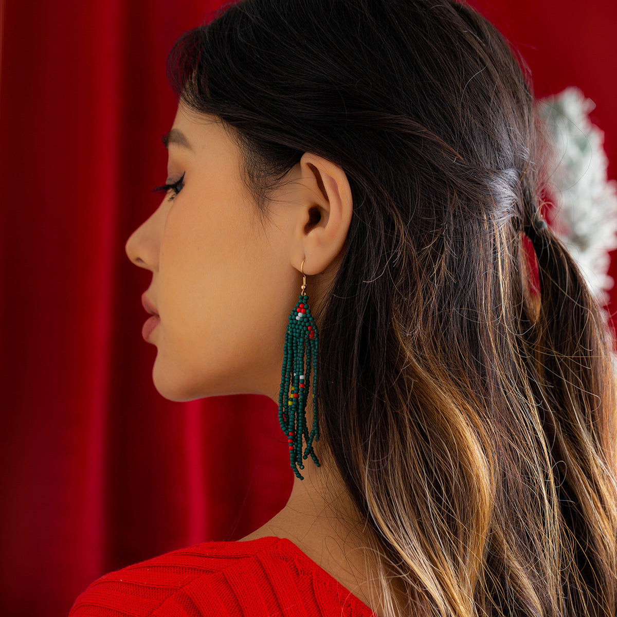 Festive Reindeer Rice Ball Bow Earrings with Colorful Christmas Tree Bell Tassel Detail