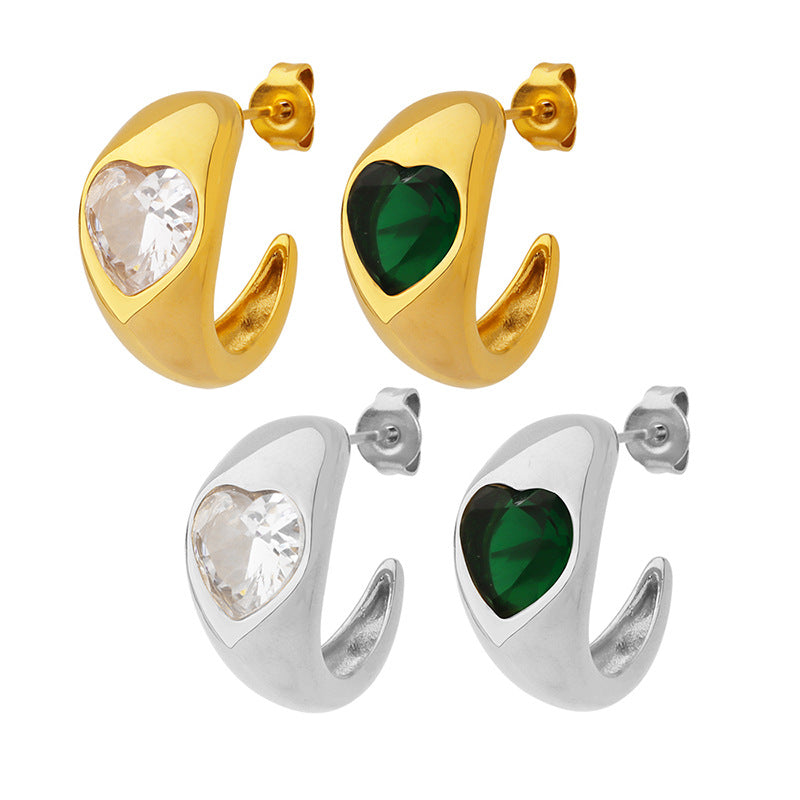 Green and White Glass Stone Love Earrings with 18k Gold Plating