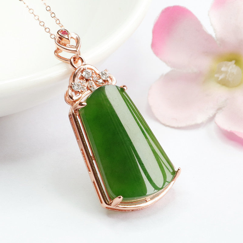 S925 Sterling Silver Trapezoid Hetian Jade Zircon Necklace Jewelry