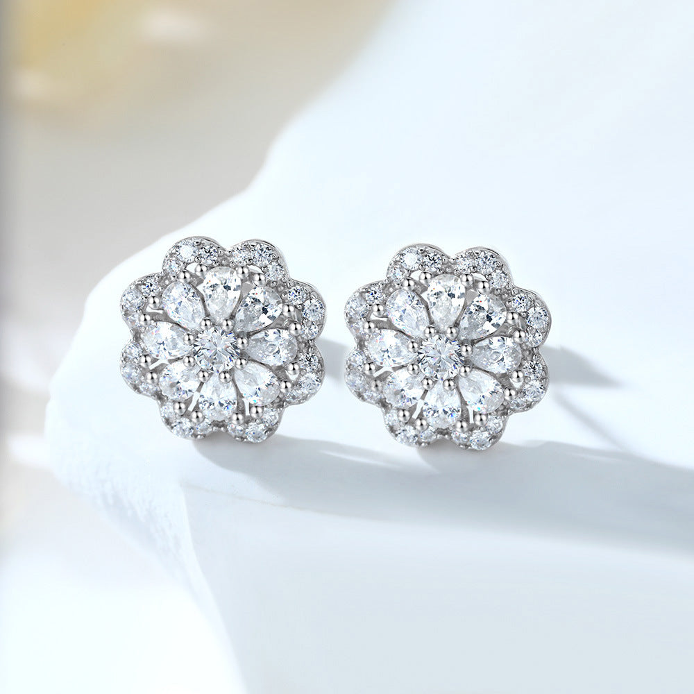 Full Zircon Flower Sterling Silver Stud Earrings