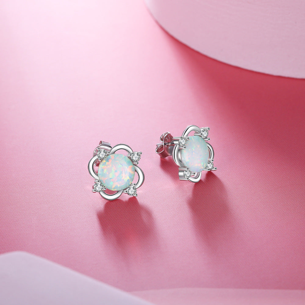 Round Opal Small Zircon Flower Sterling Silver Stud Earrings