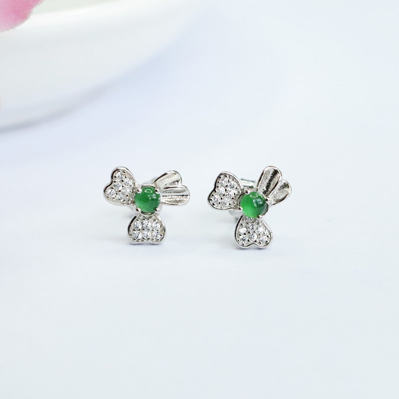 Elegant Sterling Silver Green Jade Floral Stud Earrings