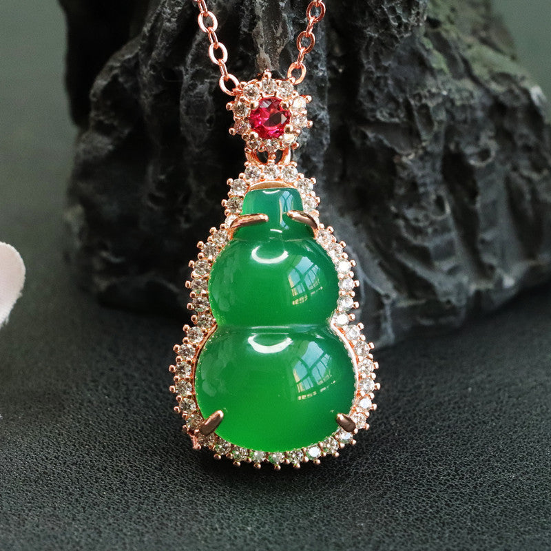 Gourd Pendant Necklace with Ice Green Chalcedony and Zircon Rose Gold Accents