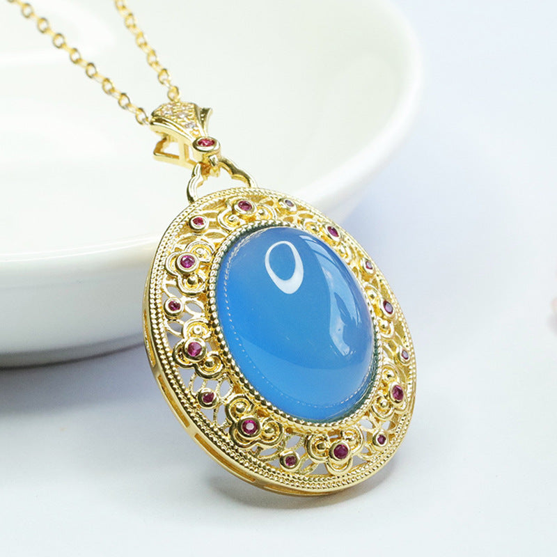 Oval Blue Chalcedony Hollow Vintage Zircon Pendant