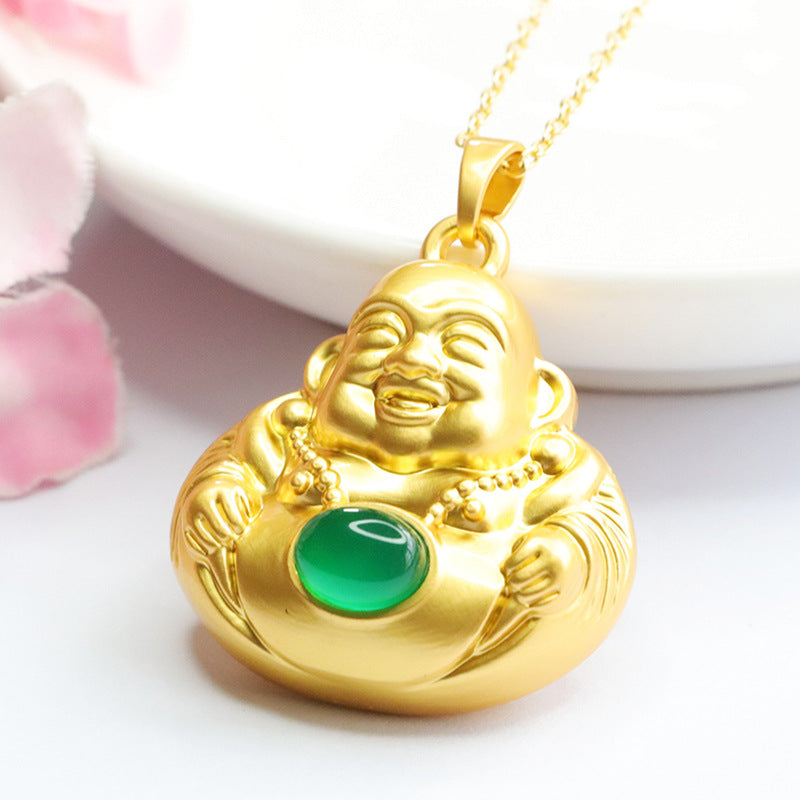 China-Chic Sterling Silver Maitreya Buddha Pendant with Natural Red Agate and Green Chalcedony