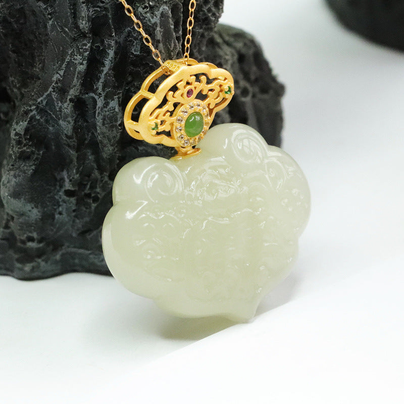 Sterling Silver Lotus Ruyi Pendant Necklace with Natural Hetian Jade