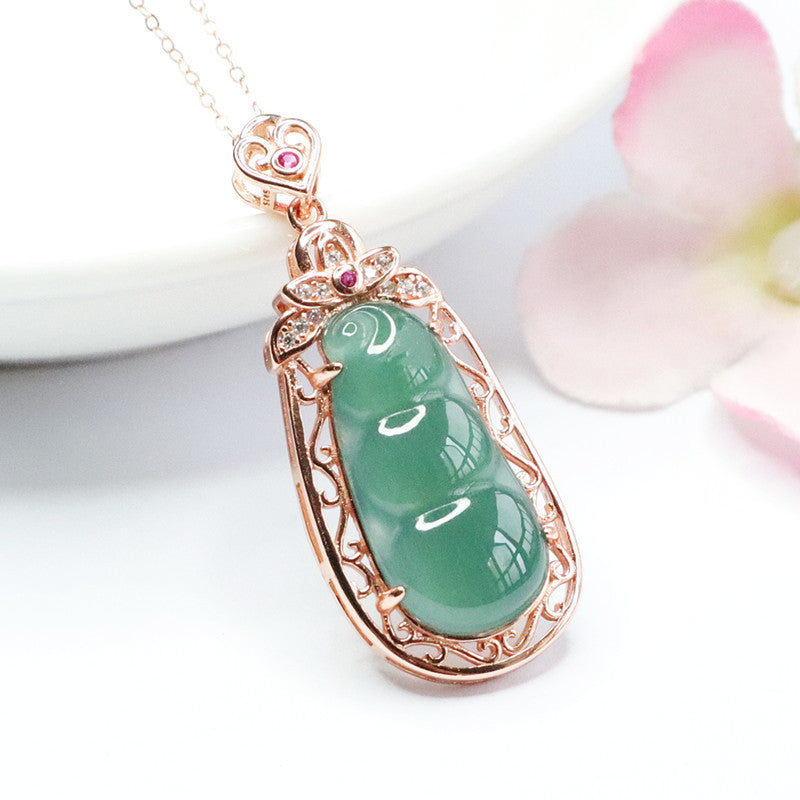 Sterling Silver Hollow Edge Necklace with Ice Blue Green Jadeite Four Kidney Bean Pendant