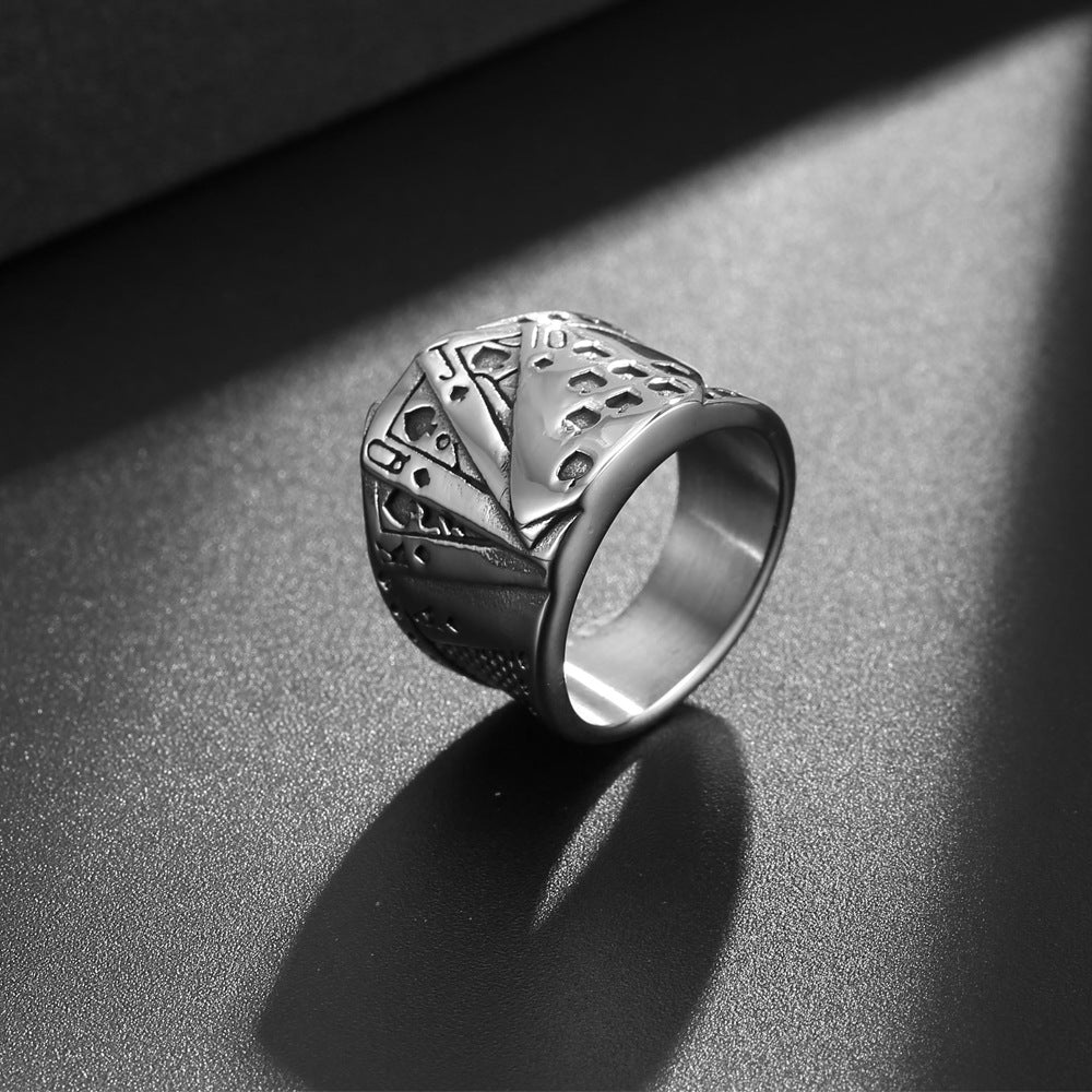 Customizable Titanium Steel Playing Card Ring for Men - Stylish Hip-Hop Rock Jewelry